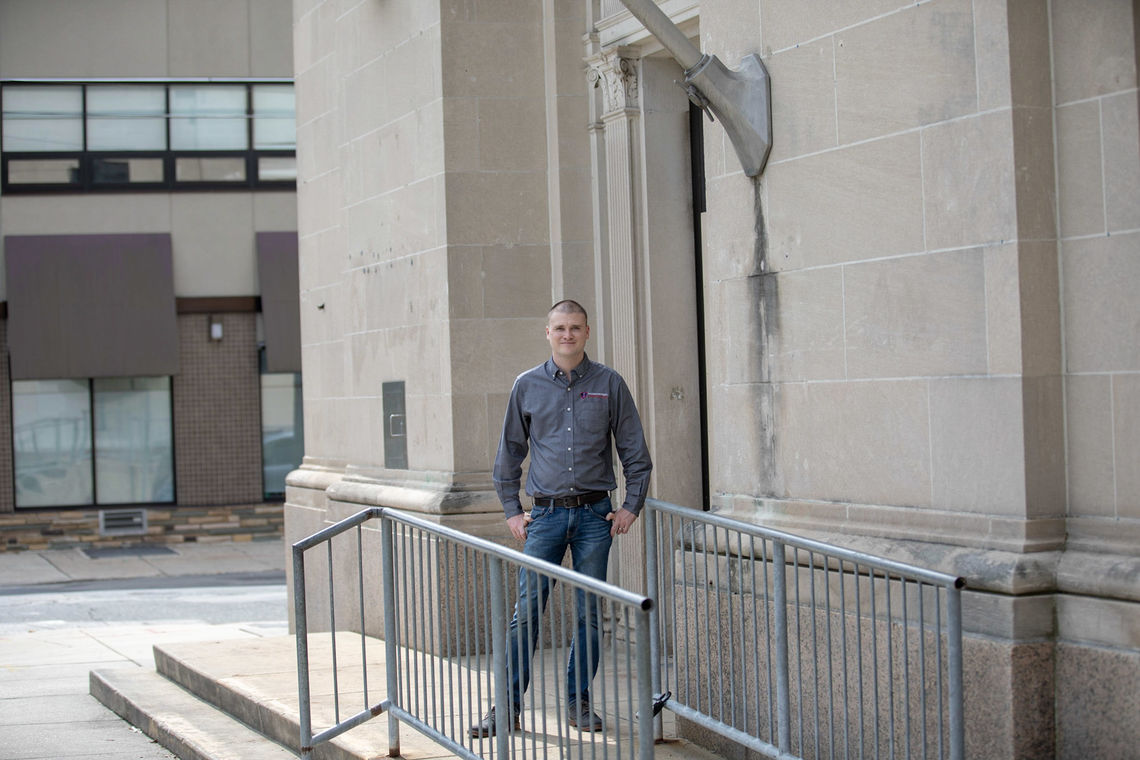 Photo: Vaughan Buckley President and Founder of Vaughan Buckley Construction outside the  former Roxborough Trust Company building